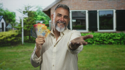 Man holding swiss franc banknotes in a fanned hand, other hand extended palm up toward camera in front of a building; generosity.