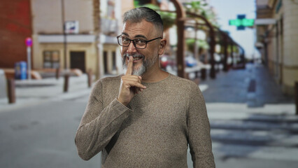 Man points finger to the left on street wearing glasses and brown sweater, smiling broadly;...