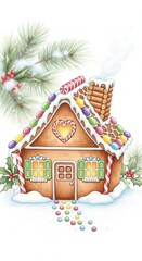 A watercolor illustration of a Christmas gingerbread house in the snow. Decorated with colorful candy and icing, it evokes a magical fairytale mood. Ideal for holiday greeting cards and posters.