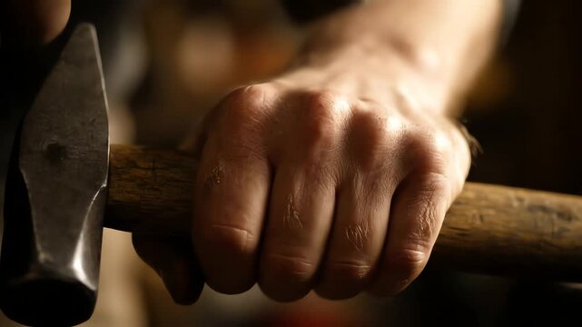 Holding Hammer Close Up In Workshop Dark Tone