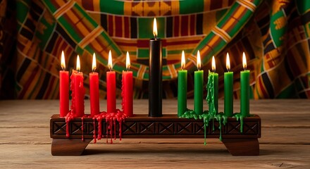 Kwanzaa kinara with lit red black green candles and kente cloth