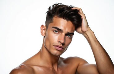 Naklejka premium Attractive young man poses confidently in studio against white backdrop. He touches his styled hair, showing healthy skin and a defined facial structure. Clean, fresh look for modern male grooming.