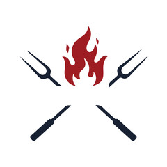 Barbecue grill line art design with fire & fork- BBQ restaurant, outdoor cooking.