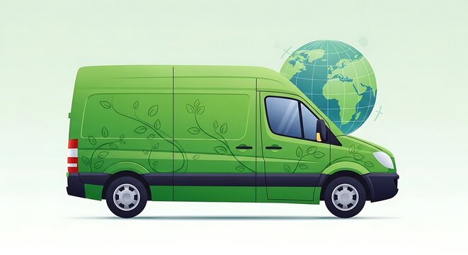 Green delivery van with leaf design and globe, eco-friendly transport. - Powered by Adobe