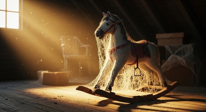 Vintage rocking horse toy in dusty attic sunlight beams warm nostalgic childhood memories - Powered by Adobe