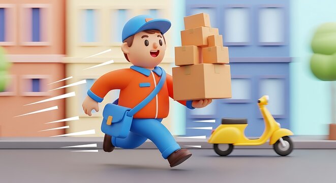 Fast delivery service: 3d courier running with stack of boxes