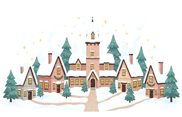 Fototapeta premium Charming Winter Village Illustration with Snow Covered Houses and Trees