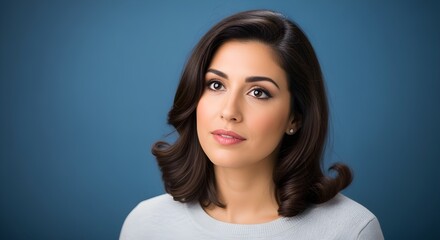Elegant Portrait of a Confident Woman with Brown Hair Against Blue Backdrop