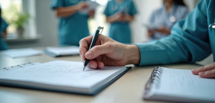 Medical professionals in scrubs gather for lesson. One person writes notes in notebook others listen intently. Scene collaboration, learning in healthcare setting, focusing on education, teamwork.