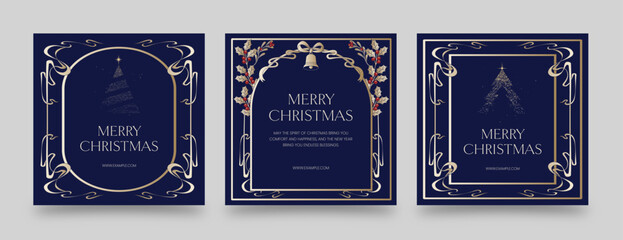 Naklejka premium Square Christmas Greeting Card Set with Ornate Gold Decorations and Holly Accents