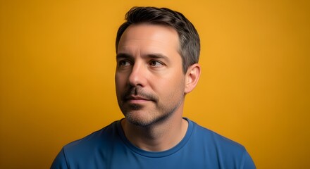 Expressive studio portrait of a contemplative man with a mustache, looking sideways with a thoughtful gaze on a bright yellow backdrop