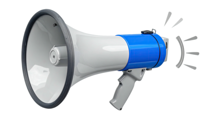 A digitally rendered illustration of a white, blue, and gray megaphone with sound waves
