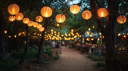 Under the night sky, trees, paths, lanterns
