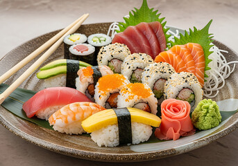 Assorted Sushi and Sashimi Platter with Chopsticks