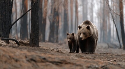 A mother bear guiding her cub through scorched forest ground, blackened trees and lingering smoke