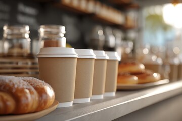 Fototapeta premium Coffee shop counter with paper cups and pastries for customers to pick up their order. Inviting coffee house counter with latte to-go cups ready for service. Variety of items for takeout or dine-in