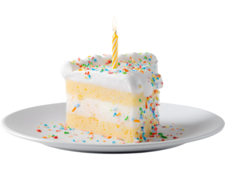Slice of birthday cake with colorful sprinkles and lit candle isolated on white background, symbolizing celebration and sweetness.