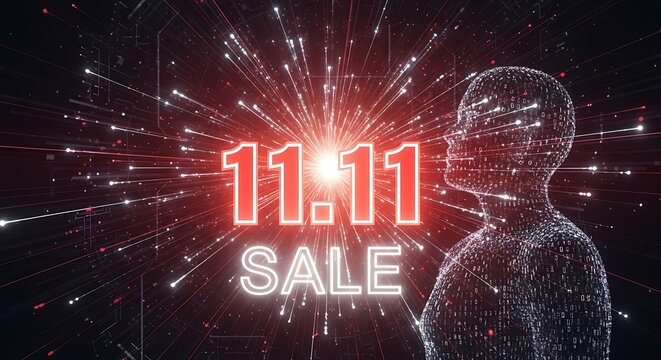 Digital Human Figure with 11.11 Sale Bright Red Light Explosion Futuristic Technology