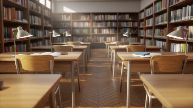 A sunlit library interior with rows of wooden desks, bookshelves, and lamps, creating a study ambiance.