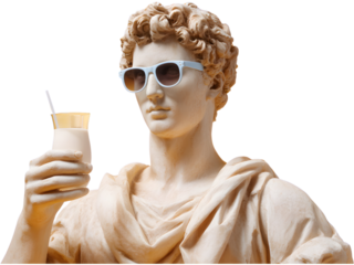 Classical marble statue wearing sunglasses and holding soda cup isolated on white background, symbolizing humor and pop culture contrast.