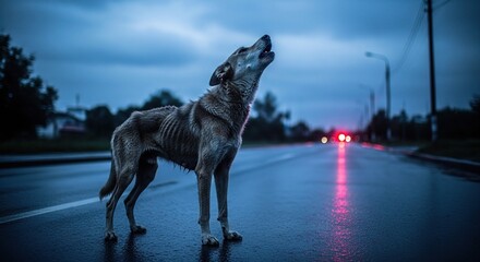 A hungry dog ​​howling at the dark sky on a cold, damp road symbolizes hunger and abandonment.
