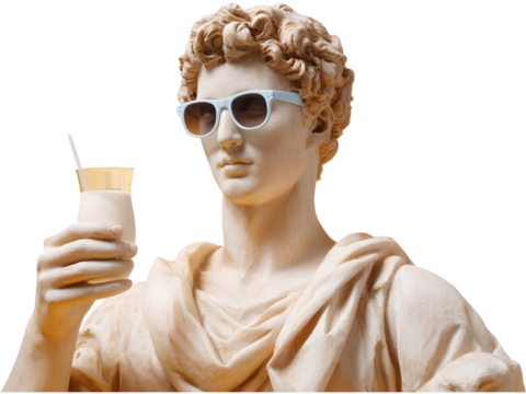 Classical marble statue wearing sunglasses and holding soda cup isolated on white background, symbolizing humor and pop culture contrast.