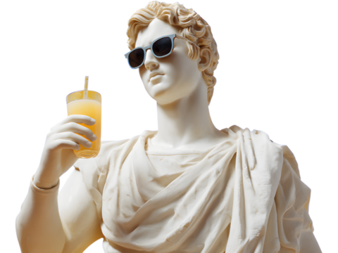 Classical marble statue wearing sunglasses and holding soda cup isolated on white background, symbolizing humor and pop culture contrast. - Powered by Adobe