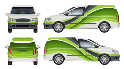 Delivery minivan wrap vector mockup shown from side, front, rear view. Perfect for corporate identity, vehicle branding and design concepts. All elements in the groups are in separate layers.