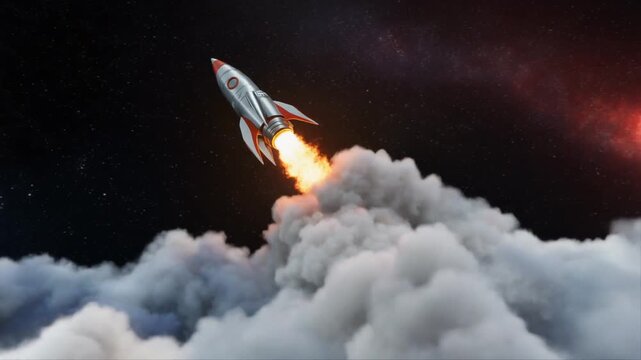 A classic silver rocket with red fins ascends through dense white smoke against a deep space background.