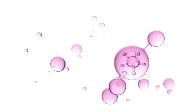 Pink molecular structures floating against a stark black background, symbolizing science