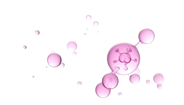Pink molecular structures floating against a stark black background, symbolizing science - Powered by Adobe