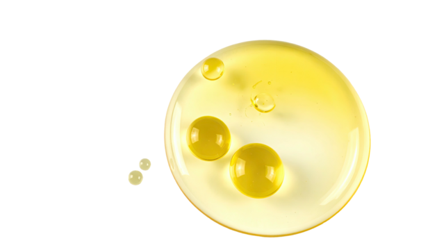 Large, clear droplet of yellow liquid with smaller droplets on a black background