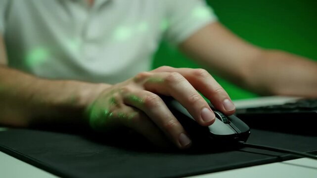 Green Screen office guy using chromakey computer closeup worker hand holding mouse device scene 2 with distortion, overlay, glitch, static noise, scan lines on black background, 4k animated video loop