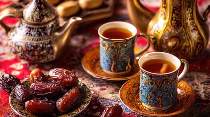 Fototapeta premium Traditional Arabic or Turkish tea with dates. Oriental tea concept for cultural cuisine and beverage presentation.