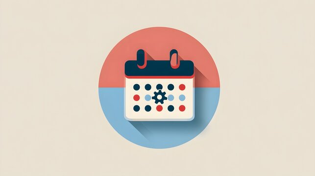 Stylized icon representing schedule management or planning displays a calendar with a central mechanism symbol