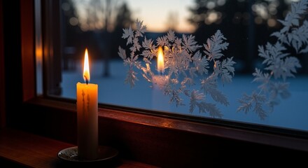 Warm candlelight flame next to frosty ice patterns on a windowpane with a cold winter sunset background.