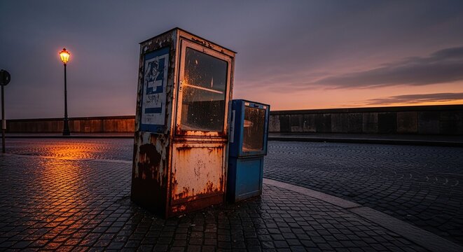 Weathered vintage telephone booths stand on a wet cobblestone street at dusk