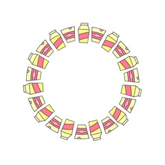 Cute round frame with doodle milk and yogurt isolated on white background.