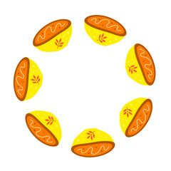 Round wreath with cute flat pumpkin soup in bowl isolated on white background. Seasonal autumn circle frame.