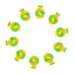Round wreath with cute flat peanut butter bottles isolated on white background.