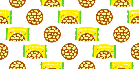 Seamless pattern with hand drawn flat protein cookies in packs. Cute background with gym food.
