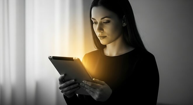 Young Woman Using Tablet in Dimly Lit Room with Warm Glow - Powered by Adobe