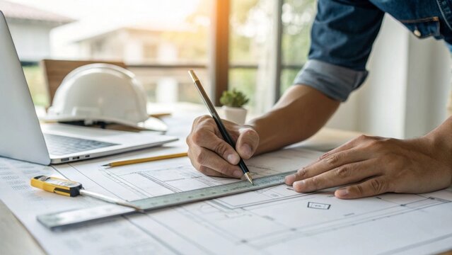 Architect's hands drawing blueprints modern office close-up image natural light creative process
