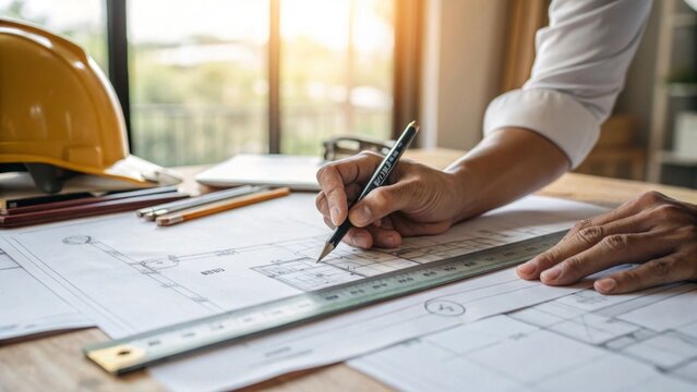 Architect's hands creating blueprints modern workspace closeup photography warm natural light detailed design process