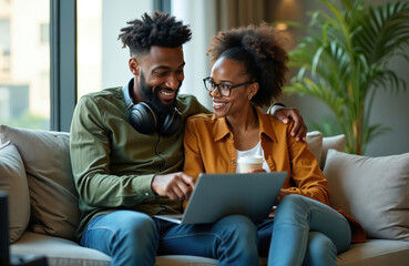 Happy african american couple sits on sofa, smiling, looking at laptop. Woman holds coffee cup, man has headphones. Planning vacation trip together.
