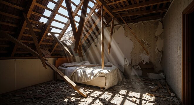 Eerie abandoned bedroom with sunbeams streaming through damaged roof and walls