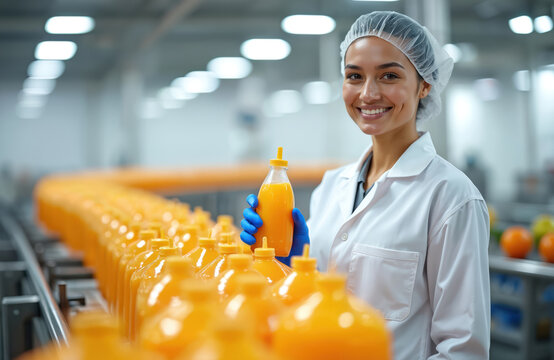 Woman in white lab coat checks orange juice bottle on production line. Beverage factory worker ensures quality of bottled drinks. Automation process in food industry.