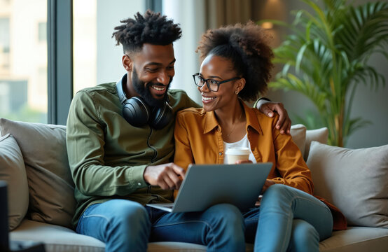 Happy african american couple sits on sofa, smiling, looking at laptop. Woman holds coffee cup, man has headphones. Planning vacation trip together. - Powered by Adobe
