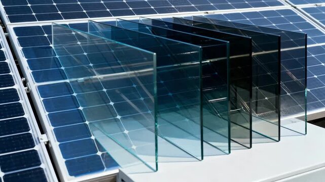 Medium shot showing smartglass technology on solar panels dynamically tinting to regulate temperature and light exposure