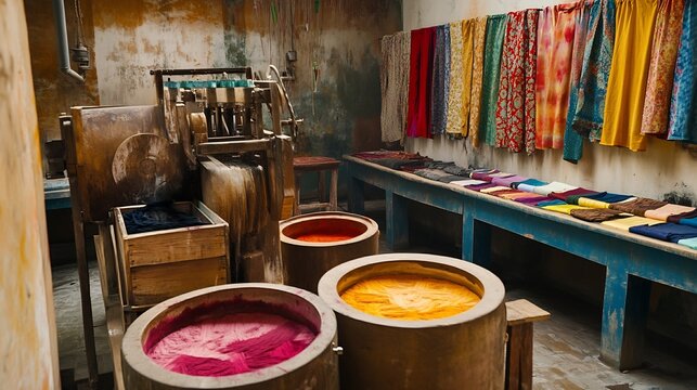 Traditional dyeing machine with spinning drums inside a workshop where natural fibers are dyed in rich tones with vivid splashes of color and fabric samples neatly arranged on nearby counters